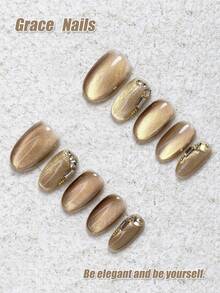 10pcs Handmade Press-On Nails, Lightweight & Comfortable Fit, Multiple Sizes Available, Oval Shape, Luxury Style, Coffee Cat Eye Base With 3D Square Rhinestone & Steel Ball Decor, Transparent & Flattering, Autumn/Winter, Christmas, New Year, Holiday Party Nails, Reusable Removable Fake Nails For Women's Commute & Gathering, Fall, Autumn, Fall Nails - Rose Gold - View 1