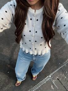 Sookaug Women's Vintage Polka Dot Fitted Round Neck Knit Cardigan, Early Autumn Pearl Single-Breasted Patchwork Ruffle Hem Long Sleeve Jacket, Polka Dot Knit Cardigan, Ruffle Hem With Pearl Buttons, Long Sleeve Round Neck Regular Fit, Suitable For Spring And Autumn Wear - Beige - View 3