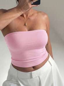 Women's Plus Size Summer Sexy Fitted Knit Tube Top Solid Color Pink - Pink - View 6