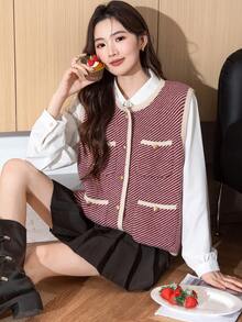 Alicedudu Women's Autumn/Winter Elegant Herringbone Design Round Neck Cardigan Vest Fall - Red and White - View 6