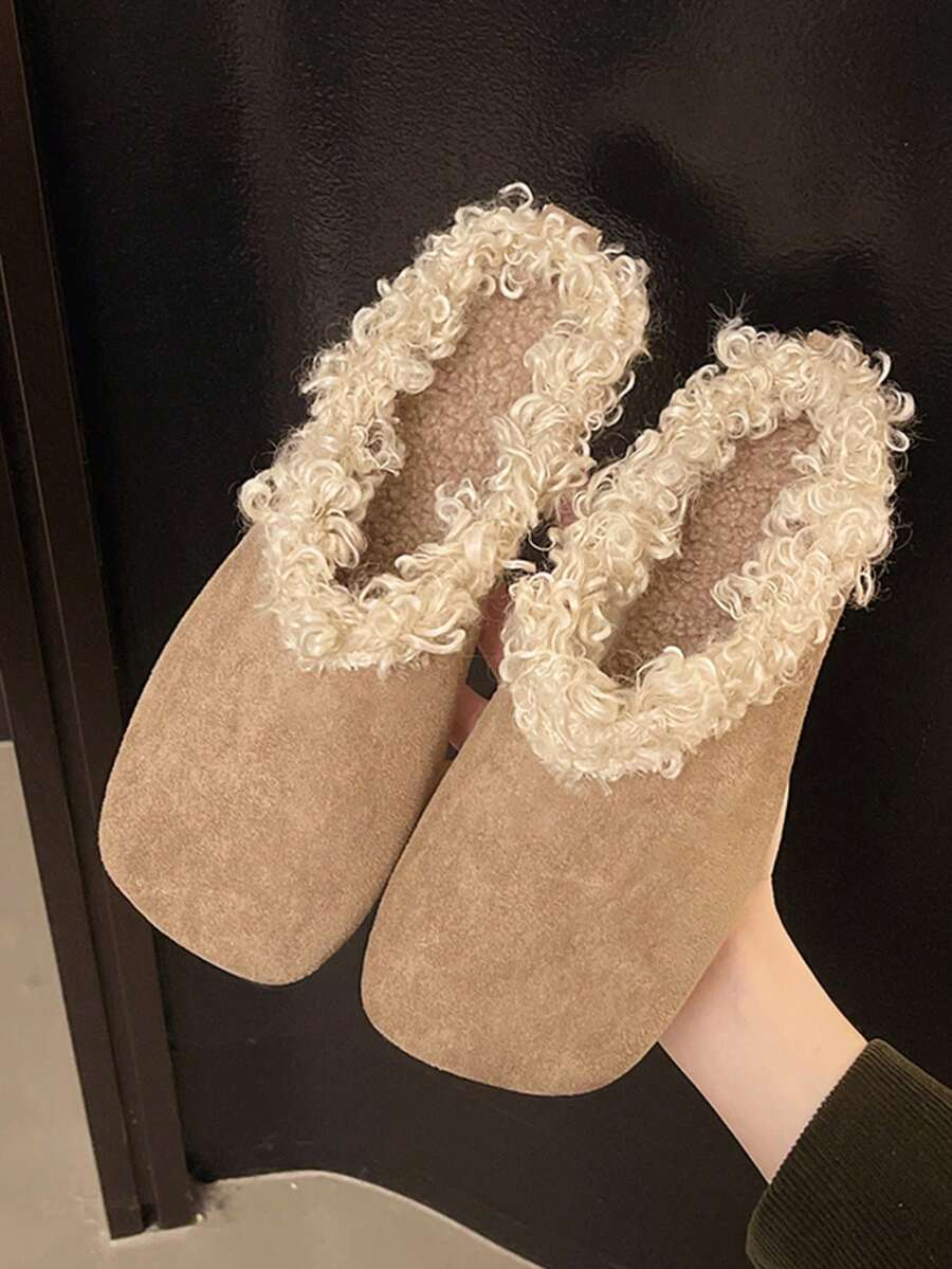 Women's Khaki Mule Slippers With Curly Fringed Square Toe Flat Bottom Outdoor Wear Retro Autumn/Winter Home Slippers - Khaki - View 1
