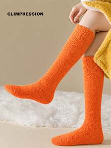 CLIMPRESSION Christmas Mid-Calf Socks, Plush Coral Fleece Warm Slippers Socks With Pom Poms, Holiday Role Play Indoor Floor Socks - Orange - View 3