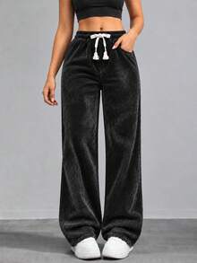 Women Black Wide Leg Sweatpants High Waist Elastic Drawstring Loose Casual Straight Leg Trousers - Black - View 9