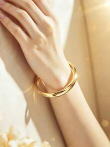 Gold Wide Polished Smooth Bracelet, Minimalist Metal Personalized Jewelry, Suitable For Women's Daily Wear, Party, Gift - Gold - View 2