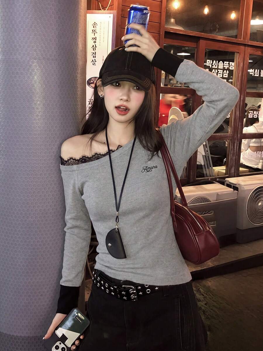 Grey Lace Patchwork Ruffle Asymmetrical Shoulder Long Sleeve Knit Sweater Women Autumn/Winter Design Letter Embroidery Top - Light Gray - View 1