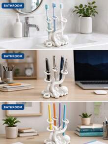 10pcs Octopus Shaped Pen Holder, Multifunctional Toothbrush Storage Rack, Creative Desktop Stationery Organizer, White Decorative Stand, Suitable For Home Office, Study Desk, Bathroom, Bedroom, Back To School, Birthday Gift, Desktop Decoration - Multicolor - View 5