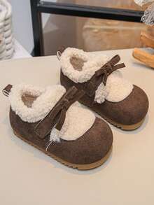 Girls' Autumn/Winter Colorblock Plush Shoes With Hook-And-Loop & Bow Design, Thick Sole Anti-Slip Casual Daily Shoes For Toddlers - Brown - View 1