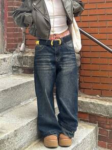 Distressed Vintage Loose Straight-Leg Boyfriend Jeans For Women Casual Spring Fall - Navy Blue - View 6