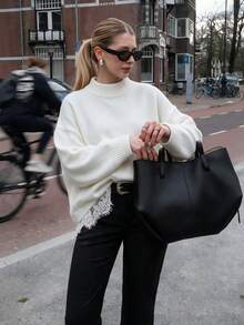 Fall/Winter White High Neck Lace Patchwork Sweater, Going Out To Business Knit Long Sleeve Top - White - View 1