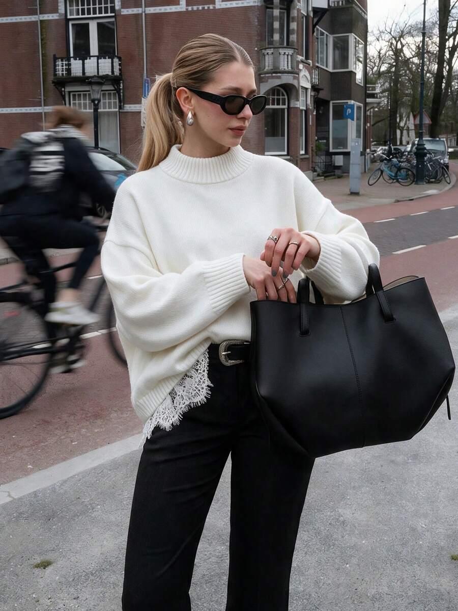 Fall/Winter White High Neck Lace Patchwork Sweater, Going Out To Business Knit Long Sleeve Top - White - View 1