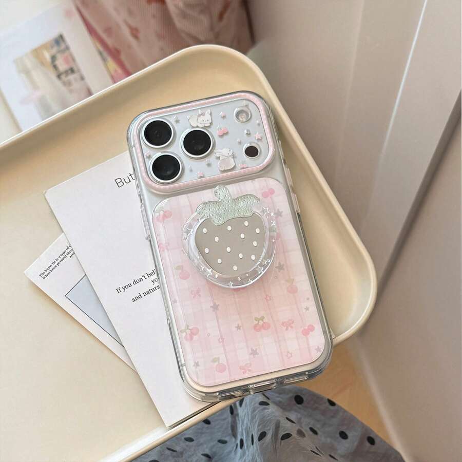 Kawaii Strawberry Shape Mirror Phone Grip Stand, Transparent Glitter Star Decor Foldable Phone Socket Holder, Cute Portable Phone Accessory For Girls - Multicolor - View 1