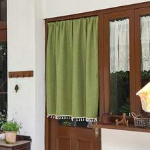 Sage Green Faux Linen Tier Curtain, Rod Pocket Boho Short Window Curtain With White Tassel Fringe, Farmhouse Privacy Cafe Curtain For Kitchen Door Cabinet - A - View 2