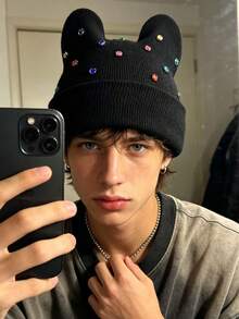 1pc Men's Y2K Rhinestone Cat Ear Knit Hat, Pearl Decor Hip Hop Beanie, Outdoor Warm Brimless Cap, Suitable For Street Outdoor Punk Hip Hop - Multicolor - View 4