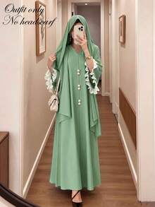 Women's Autumn Solid Color Conservative Long Dress, V-Neck Design, Contrast Color Ruffle Cuffs And Decorative Buttons, Casual Loose Daily Party Long Dress - Mint Green - View 1