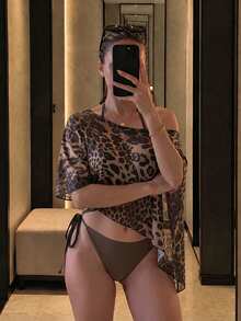 HOTTIE HABIT Women's Leopard Print Mesh Cover-Up + Solid Brown Tie Bikini Set, Halter Neck 2 Pieces Swimsuit, Beach Pool Vacation Swimwear - Multicolor - View 2