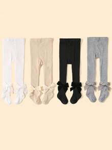 3/6pcs Random Style Vertical Striped Leggings, Tights, Boys/Girls, Solid Color Cable Knit Leggings, Neutral, Earthy, Maillard Color Palette, Dirt-Resistant, Versatile For Daily Wear, 0-12 Years Old, Autumn/Winter Style, Suitable For Daily Outings In Autumn/Winter, Warm, Comfortable, Soft - Multicolor - View 6
