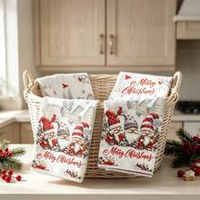 2pcs/Set, 18x26in Christmas Gnome & Red Flower Pattern Towel Set, Quick Dry Kitchen Cleaning Cloth, Soft Absorbent Towel Set, Kitchen Decor, Home Decor, Christmas Decoration, Christmas Gift For Friends. - White - View 8