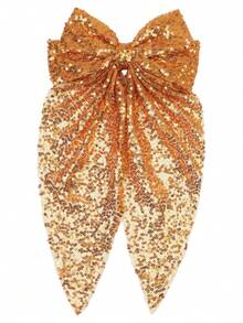 1pc Casual Versatile Sequin Large Bow Hair Clip With Long Ribbon, Half-Up Hair Accessory For Back Of Head, Stage Performance Accessory - Gold - View 9