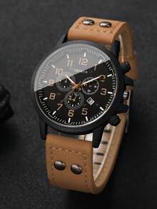 Men's Gift Watch PU Strap Classic Three-Eye Digital Calendar Dial Sports Outdoor Casual Quartz Wristwatch, Boyfriend Gift (2pcs/Set) Watch Box Not Included - Multicolor - View 8