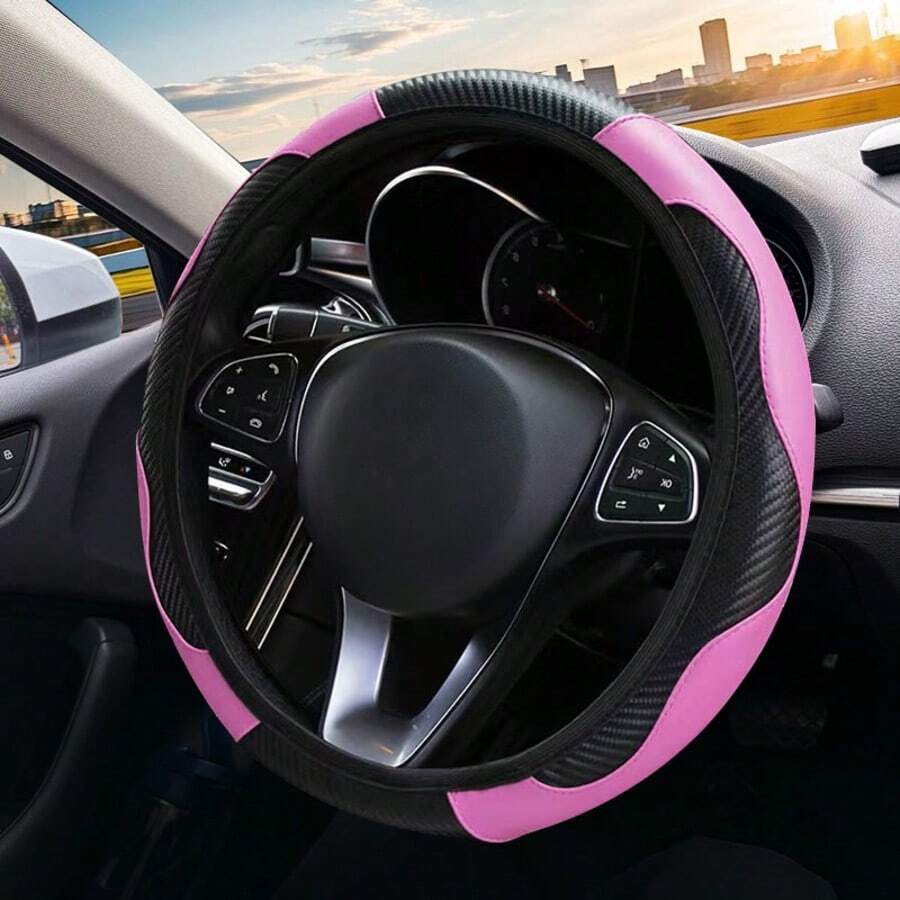 1pc Carbon Fiber Leather Comfortable Car Steering Wheel Cover Without Inner Ring, Car Decoration Suitable For 14.5-15 Inch Steering Wheel, Elastic Band Steering Wheel Cover, Car Interior Accessory, Unisex, All Season
