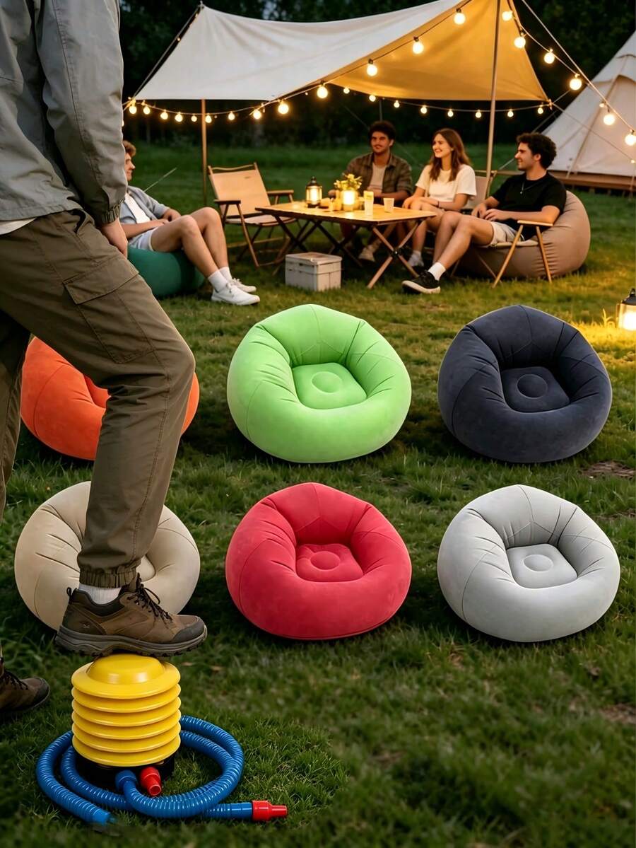 1set Inflatable Oversized Outdoor Bean Bag Chair Lounger Set With Foot Pump For Adults, Waterproof Weather Resistant Leakproof Soft Lazy Sofa Floor Seat, Portable All-Weather Seating For Patio Garden Backyard Poolside, Durable Relaxation Lounge Seat