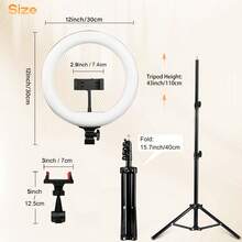 12-Inch LED Ring Light With Adjustable Tripod Stand, USB-Powered, 3-Color Dimmable Selfie Light; Suitable For Makeup, Live Streaming, Video Recording, Vlogging, And As A Halloween Or Christmas Gift - Black - View 3