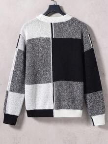 Teen Boys Streetwear Patchwork Round Neck Knitwear Relaxed Fit Sweater Top - Black and White - View 7