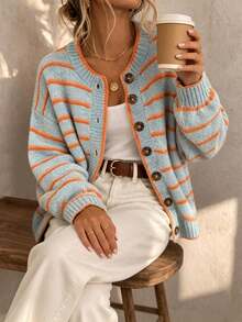 Plus Size Women's Round Neck Single-Breasted Contrast Stripe Lantern Sleeve Knit Cardigan, Loose Casual Fashion Versatile For Autumn/Winter - Orange Blue - View 3