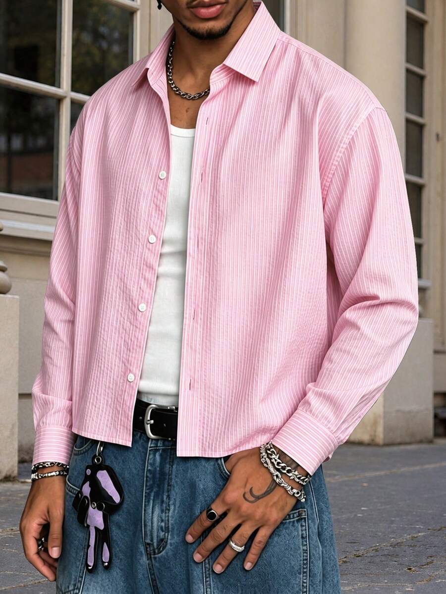 Spring/Autumn American Casual Pink & White Fine Striped Short Shirt Men's Commute Versatile Lapel Long Sleeve Top - Pink - View 1