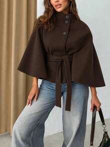 Women's Short Stand Collar Cape Coat, Suitable For Daily/Shopping/Dating/Dining And Other Occasions - Coffee Brown - View 2