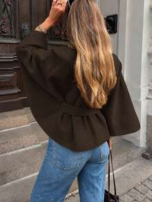 Women's Short Stand Collar Cape Coat, Suitable For Daily/Shopping/Dating/Dining And Other Occasions - Coffee Brown - View 8