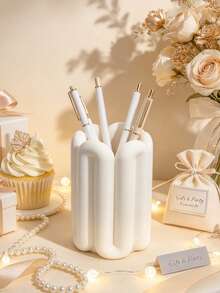 1pc INS Cream Style Minimalist Geometric Texture Pen Holder, High-Value Desktop Storage Bucket, Multi-Functional Makeup Brush Holder, Suitable For Vanity Makeup Storage Decor, Beauty Storage Solution, Home Decor Gift - White - View 7