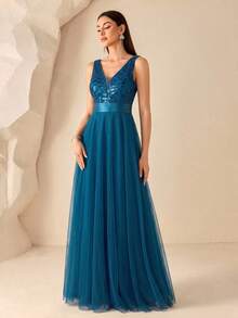 XUCTHHC Elegant Sequin Embroidered Mesh V-Neck Sleeveless A-Line Evening Gown, Suitable For Prom, Party, Wedding Guest, Holiday, Autumn/Winter - Teal Blue - View 4