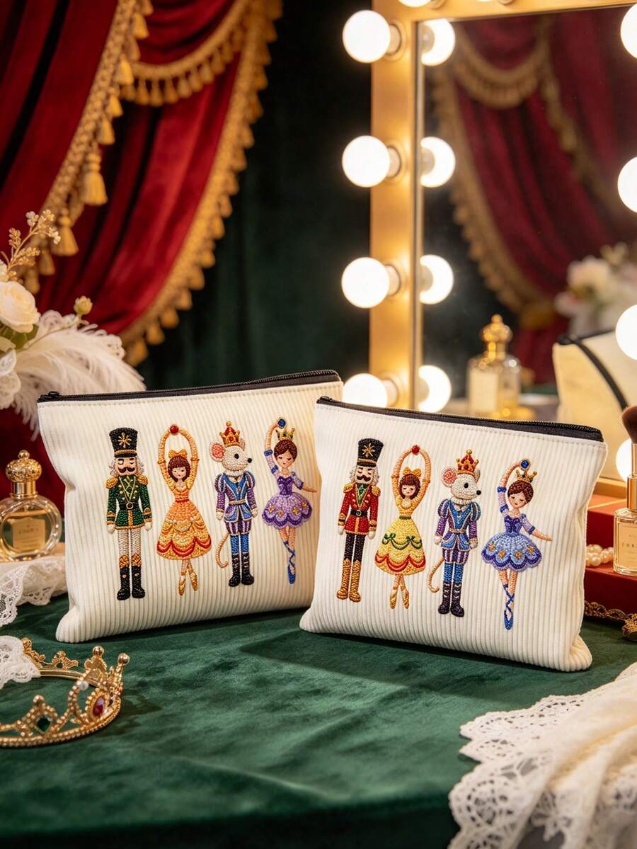 2D Nutcracker Theme Corduroy Makeup Bag, Includes Christmas Ballet And Other Elements, Holiday Gift Bag, Toiletry Bag, Multi-Functional Bag, Suitable For Commuting, Christmas Gift (2D Printed Pattern) - Multicolor - View 1