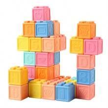 Large Particle Soft Rubber Building Blocks, Soft Rubber Material, Odorless, Chewable. Can Be Sterilized With Boiling Water, 3D Embossed Numbers, Letters, Fruit, Vegetable And Animal Patterns, Stacking And Assembling, Exercising Hand-Eye Coordination, Early Education Cognition, Soft Macaron Color Scheme, Large Particles Prevent Swallowing, Suitable As Birthday Gift, Holiday Gift (Mixed Color And Style Randomly Sent) - Multicolor - View 5
