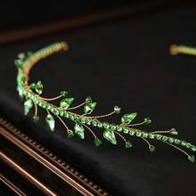 1pc Emerald Green Crystal & Rhinestone Pendant Headband Gold Wire Princess Tiara Crown Bridal Wedding Party Hair Accessories - Green - View 4
