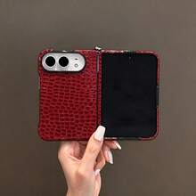 Luxury Classics Dark Red Crocodile Pattern Phone Case With Protable Strap Compatible With IPhone Duo Fold Ultra 18 Fold Case Anti-Drop Back Cover - Burgundy - View 2