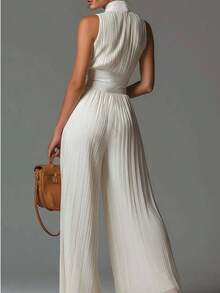 1pc Solid Color Sexy Elegant Woven Fabric Zipper Jumpsuit For Evening Date Party Autumn - Off-white - View 4