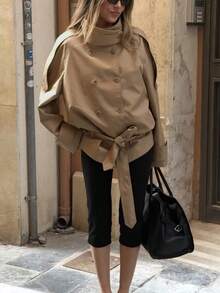 Women's Short Stand Collar Trench Coat, Long Sleeve Button Front Woven Fabric Jacket, Autumn/Winter Fashion Choice - Khaki - View 9