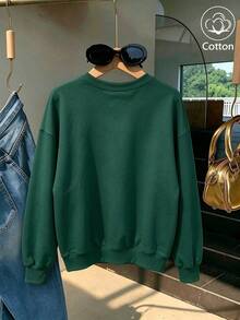 Women Cotton Crew Neck Loose Sweatshirt For Autumn Pink Striped White Duck Print WHAT THE Casual Street Sport Style - Green - View 4