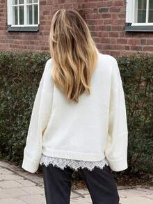 Fall/Winter White High Neck Lace Patchwork Sweater, Going Out To Business Knit Long Sleeve Top - White - View 3