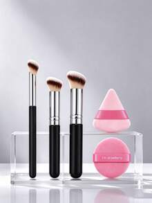 Makeup Brush Set, Soft Face Makeup Brushes With Black Handles, Angled, Flat And Rounded Brush Heads For Foundation, Blush, Powder And Concealer, Cosmetic Brushes For Women, Girls, Beginners, Daily Makeup And Travel - Multicolor - View 1