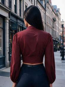 Women's Burgundy V-Neck Ruched Short Long Sleeve Blouse With Gathered Chest, Gold Button Design Puff Sleeve Short Shirt, Suitable For Autumn/Winter Daily Casual Commute, Outing And Dating - Redwood - View 5
