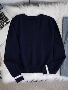 American Retro Sexy Hot Girl College Style Digital Jacquard Knit Cardigan, Contrast White Striped Cuffs, Versatile Layering Top - Royal Blue - View 7