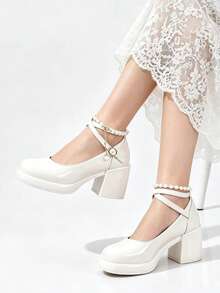 Elegant Mary Jane Shiny Beige High Heel Cross Strap Fashion Loafers Party Shoes - Beige - View 11