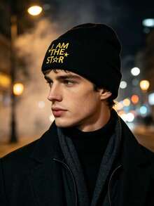Men's "I Am A Star" Letter & Star Embroidered Ribbed Knit Beanie, Warm Winter Brimless Cap - A - View 7