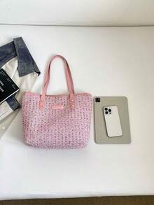 Dedoo 女款單肩托特包，彩色圓點粗花呢質感，耐用複合面料，雙肩帶鉚釘設計，大容量，校園包，適合大學校園、優雅通勤與購物女包 - 粉色 - 查看 8