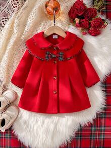 Baby Girl Autumn/Winter Red Overcoat, Double Layer Peter Pan Collar Plaid Trim Bow Single-Breasted A-Line Long Jacket - Red - View 2