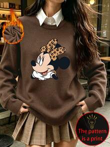 Disney Women's Plus-Size Casual Faux-Knit Top; Soft, Comfortable Fabric; Suitable For Autumn And Winter; Features A Leopard-Print Minnie Mouse Head Graphic. - Brown - View 2
