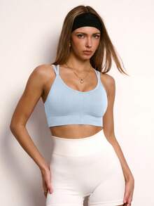 PinkTip Cross-Back Shaping Sports Bra, Built-In Bra Cup, Supportive, Seamless Fit, Suitable For Yoga And Casual Sports - Sky Blue - View 3